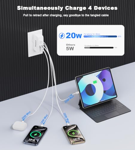 Image of 4 in 1 Retractable Wall Charger with Dual Cables,40W Retractable Phone Charger Wall Plug with Dual USB Ports,20W USB C Chargers Block Fast Charging for iPhone 17 16 15 14 13,LG, Galaxy S24 23,Pixel
