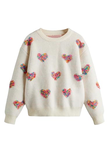 Floerns Girls Casual Heart Patched Cute Crewneck Long Sleeve Pullover Sweater Jumper Tops
