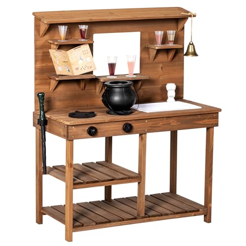 Image of BRINJOY Mud Kitchen Playset for Kids, Wooden Magic Kitchen Set w/Wand, Recipe, Removable Sink, Faucet, Stove, Toddler Outdoor Pretend Play Kitchen, Witch Role Play, Fairy Potion, Gift for Boys Girls