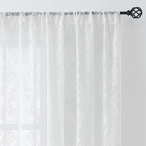 Image of Treatmentex Damask Lace Sheer Curtains White Vintage Light Filtering Curtains for Bedroom, Elegant Victorian Floral Lace Sheer Curtains 54 x 63 Inch, 2 Panels