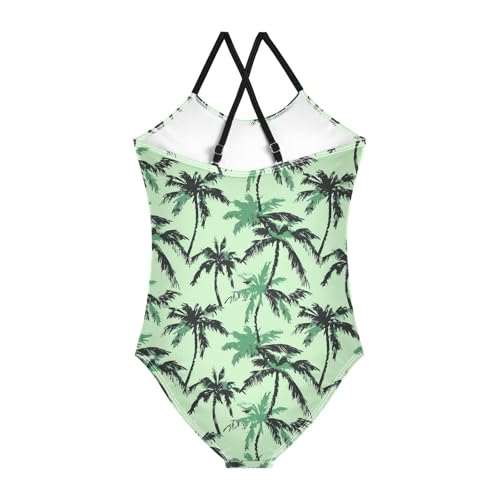 senya Girls Swimsuits One-Piece Swimwear Tie Bathing Suit Beach Summer Round Neck 7-8T Black Palm Trees Green Background Pattern2