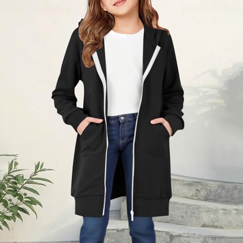 Girls Zip up Hoodie Long Hooded Sweatshirt Coat Fleece Solid Color Jackets with Pockets Fashion Fall Winter Clothes2