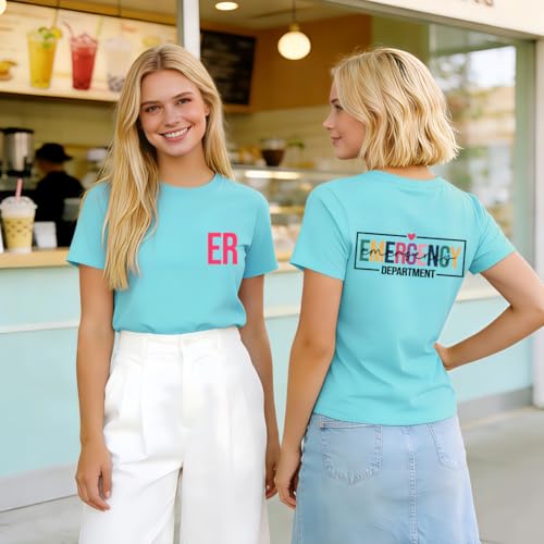 Emergency Department Nurse Shirt Women Nurse School Graphic Tees Short Sleeve Tops ER Crew Neck T Shirts Light Blue