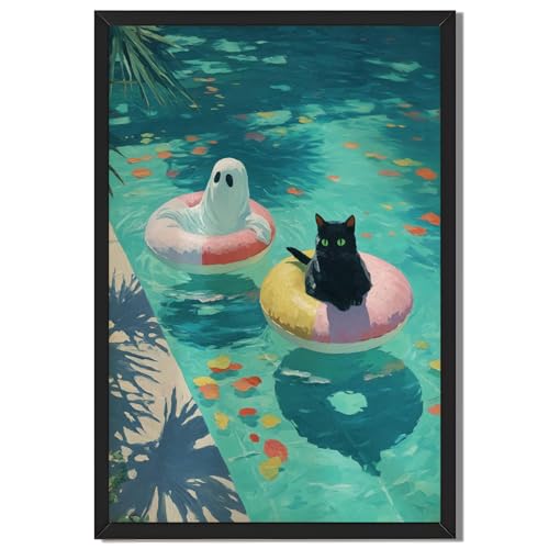 Poolside Ghost & Black Cat Wall Art Print Whimsical Swimming