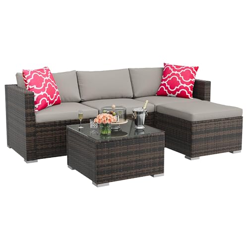 Image of GAOMON 5-Piece All-Weather Patio Furniture Set, Convertible Outdoor Sectional Sofa with Ottoman & Tempered Glass Table, PE Rattan Conversation Set for Garden, Backyard, Porch, Poolside