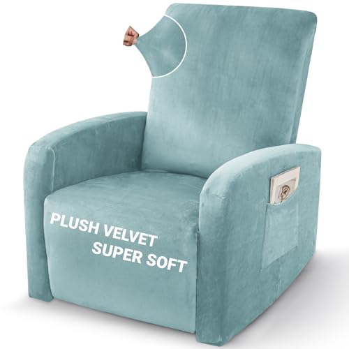 Image of ZNSAYOTX 2026 Velvet Small Recliner Cover 3-Piece, Luxury Plush Recliner Chair Covers with Elastic Band & Ties Stay in Place, Stretch Reclining Slipcover for Lazy Boy Soft Washable (Stone Blue)