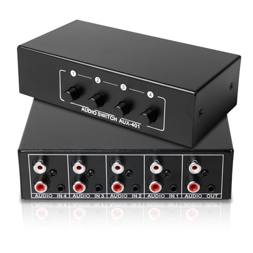 Audio Video Splitter 4 In 1 Out, AUX Audio Switcher, Audio Splitter, Audio-Auswahlbox 3,5 mm, Bidirektionaler Audio-Umschalter, Audio Selector, Auswahl-Splitterbox für Kopfhörer, Lautsprecher