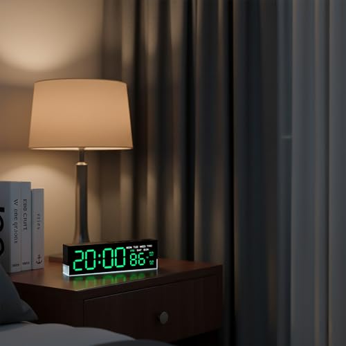 Image of zyzamay 7-Inch Modern LED Digital Alarm Clock with Dual Alarms & Soft Bottom Light｜Displays Time, Date, Day, Temperature ｜3-Level Auto /Manual Brightness, DST, USB or Battery Powered Desk Clock,Green