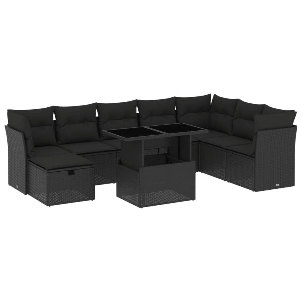 Salon de Jardin 9 Places avec Coussins Noir résine tressée Ensemble modulable Table relevable canapé d Angle extérieur Patio terrasse Housse Amovible Lavable UV résistant