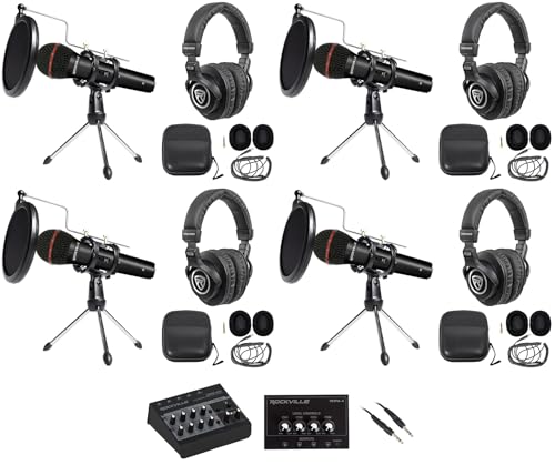 Rockville Bundle: LINE8 USB 8-Ch Mic/Line Mixer Bundle with (4) Handheld Wired Microphone, (4) Tripod Microphone Stand, (4) Studio Headphones, Headphone Amplifier & 1/4'' TRS Balanced Cable (15 Items)
