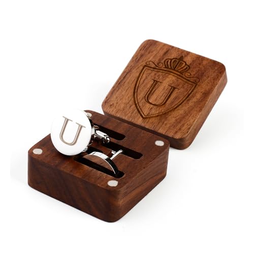 Image of Mens Initial Silver Cufflinks A-Z Alphabet Letter Steel Cuff Links with Engraved Walnut Wood Box Groom Groomsman Wedding Set