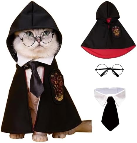 ANIAC 3PCS Halloween Dog Costume Cat Wizard Cape Glasses and Neck...