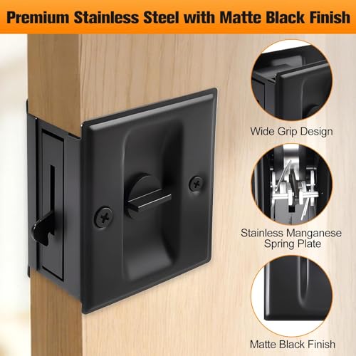 Kit de 2 cerraduras para puertas empotradas, herraje de privacidad para puertas empotradas de 2-1/2" × 2-7/10", manijas para puertas empotradas, cerradura y pestillo con tirador en negro mate para puertas de 1-3/8" a 1-3/4" miniatura 2