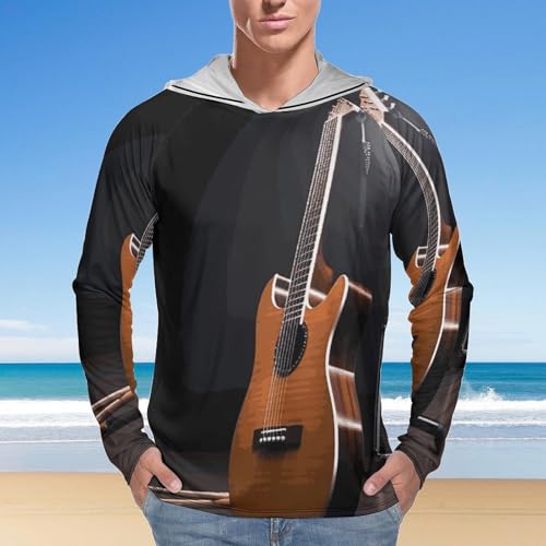 Men's Sun Shirts UPF 50+ Rash Guard Long Sleeve Sun Protection Hoodie Musical Instrument Guitar Lightweight Shirt XL White 7