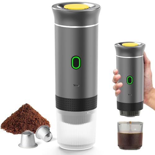 Máquina de café portátil, 3 en 1 cafetera portátil de 12 V, auto-elevado, de 4 a 6 minutos, cápsulas pequeñas, grandes cápsulas, café molido, para acampar, oficina, casa, coche (gris)