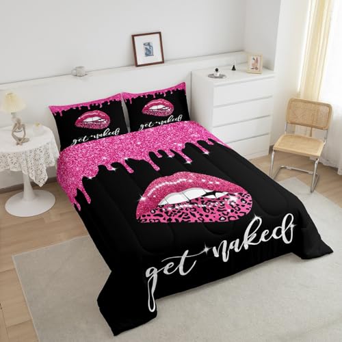 Image of Feelyou Get Naked Bedding Set Full Size, Pink Leopard Sexy Lips Comforter Set for Kids Boys Girls Teens Glitter Lips Comforter Get Naked Duvet Set Bed Set 3Pcs Reversible