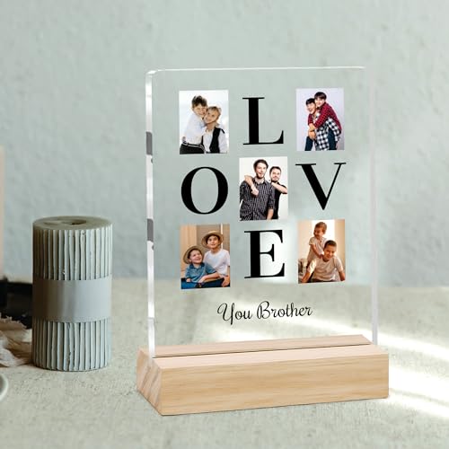 Image of Giftplease Customized Photo And Text Frame With Wooden Stand | Personalised Printed Photo Frame | Gift For Brother | Birthday | (Transparent, 5MM, 6 * 8 Inches), Tabletop BG 12