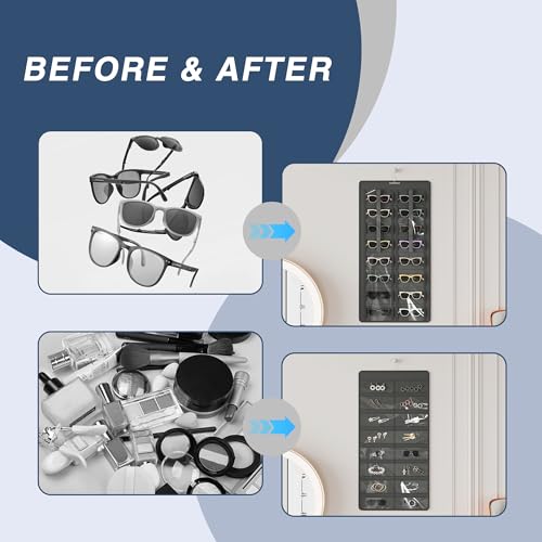 Bosuelife Hanging Sunglasses Organizer and Storage, Dual-Sided Sunglasses Case and Jewelry Holder, Wall-Mounted, 32 Clear Slots, Dust-Proof, Roof Design for Travel, Dark Gray