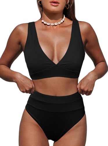 Image of Hilinker Women's Leopard Bikini Swimsuits V Neck High Waisted 2 Piece Bathing Suits