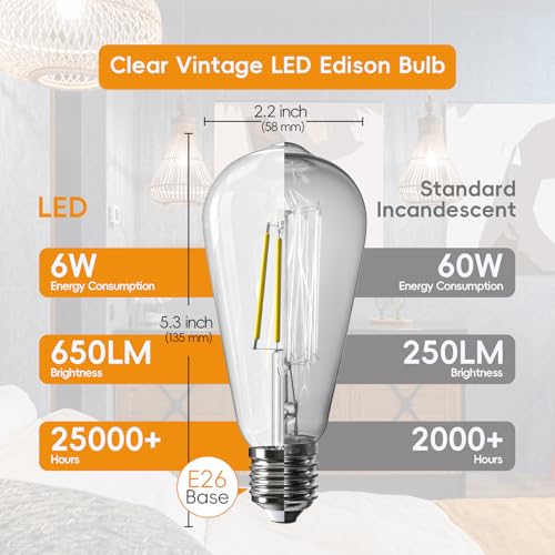 Image of Jensense Edison Bulbs E26 LED Bulb 60 Watt Equivalent, Vintage LED Light Bulbs CRI90+ ST19, Dimmable Clear Light Bulbs (2700k Warm White, 6watt-48 Pack)