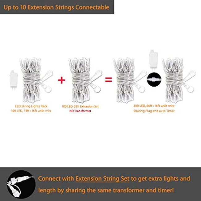 LED String Lights, 100 Warm Christmas Lights for Indoor and Outdoor Decoration, Plug in String Lights for Wedding Party, Balcony, Porch, Fence, Multifunction with Timer, Waterproof, Extendable, 49ft