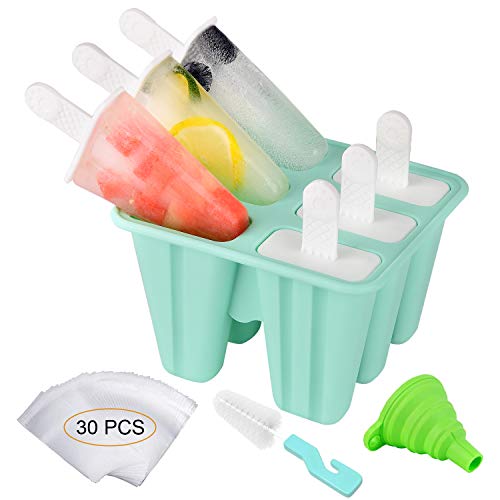 Popsicle Molds Silicone Ice Pop Maker, Morfone 6 Pieces Reusable Kids Popsicle Tray Holder BPA Free LFGB Certified Bonuses 30 Popsicle Bags, Funnel and Cleaning Brush