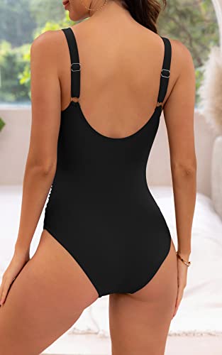 B2Prity Women's V Neck One Piece Swimsuit Slimming Tummy Control Bathing Suit 1 Piece Swimwear Black #TOP1