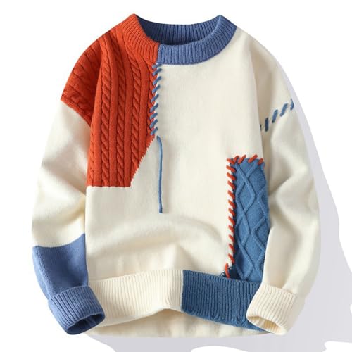 Men's Crewneck Cable Knit Patchwork Sweaters Long Sleeve Casual Pullover Top