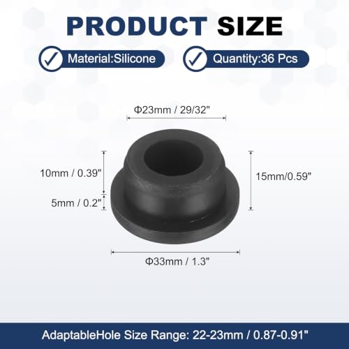 Image of MECCANIXITY 36pcs T-Shaped Silicone Plugs 23mm 29 /32 Inch Dia Snap in Plug Hole Seal Cover Round Rubber Stopper for 22-23mm Holes Kitchen Rubber Bulkheads Waterproof Sealing, Black