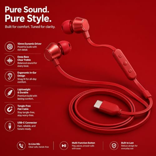 Image of Type C Wired Earphones for JBL Tun 310 C | High Fidelity Sound, Deep Bass, HD Calling Mic, Comfortable Fit, Strong Cable Compatible with All Type C Devices (RedRed)
