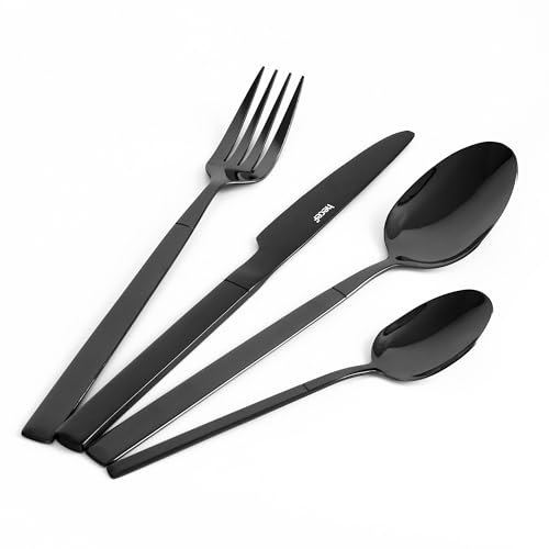 hecef Besteck Set Schwarz 16-teilig, Essbesteck Set für 4 Personen aus 18/0 Edelstahl mit Titanbeschichtung, Spülmaschinenfest and Rostfrei, Messer und Gabel Set mit Ergonomisches Design