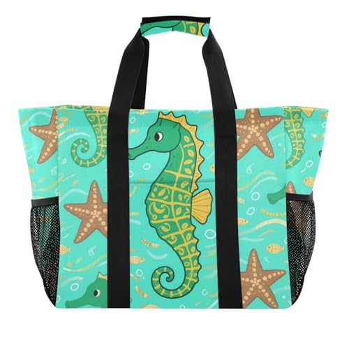 Green Seahorses Pattern Beach Tote Pool Bags for Women Ladies Large Waterproof Gym Tote Carry On Bag for Weekender Swim Gym Shopping Travel Daily Bag