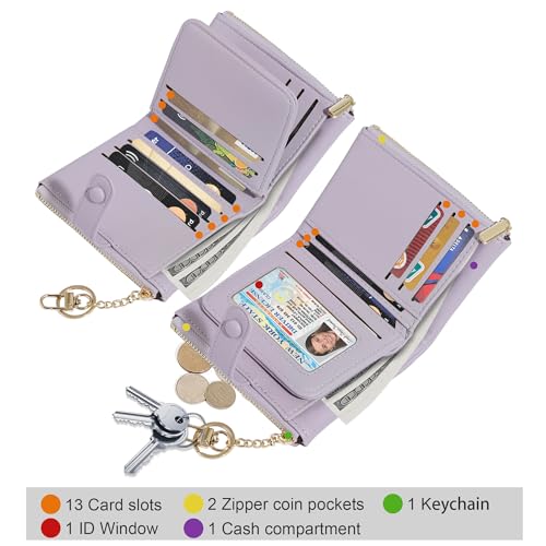 Sunwel Fashion Small Vegan Leather Wallet for Women RFID Blocking Ladies 13 Card Holder with Double Zipper Pocket (LAVENDER)3