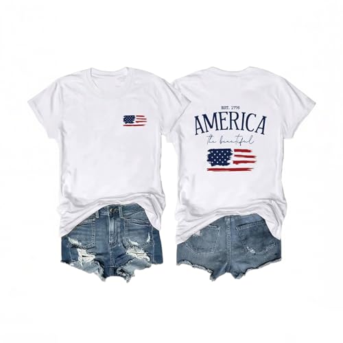 Womens 4th of July Outfits USA Shirt Memorial Day Red White and Blue Patriotic Shirts American Flag Graphic Tees (White-2 L)