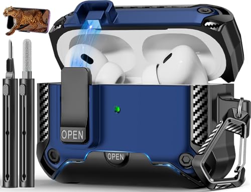 Image of for AirPods Pro 1st /2nd Case with Lock & Phone Stand(Blue) | Automatic Snap Switch Lock,Carbon Fiber Texture Design Cover with Cleaner Kit