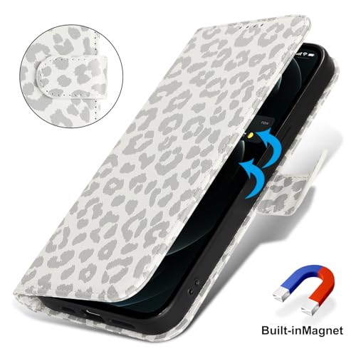 Image of for iPhone 12 Case Wallet with Card Holder,for iPhone 12 Pro Wallet Case for Women Men,PU Leather Shockproof Magnetic Buckle Stand Flip Phone Case-White Leopard