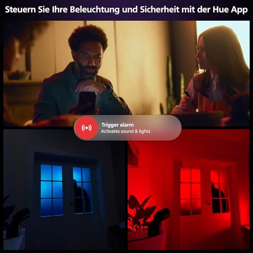 Philips Hue Secure kabelgebundene Smart Home &Uuml;berwachungskamera mit Standfu&szlig;, Full HD Video, f&uuml;r drinnen oder drau&szlig;en, Smart Home Security und Lichtsteuerung per App, wei&szlig;