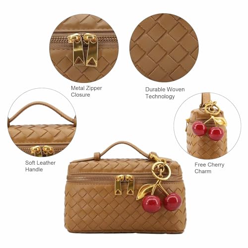 Image of Small Woven Box Crossbody Bags for Women Designer Leather Mini Top Handle Clutch Purse Square Vanity Bag with Cherry Charm