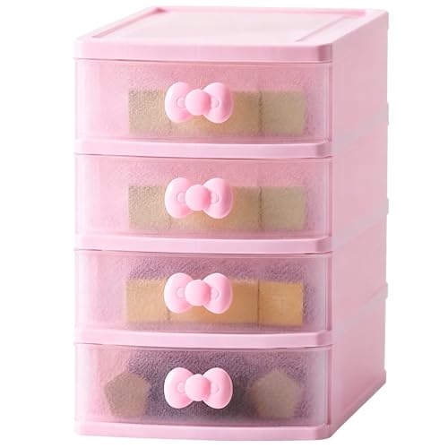 Toyosport 4-Layer Pink Desktop Drawer Organizer, Lovely Pink Storage Box 7.9x6.7x5.1 in, Multi-Layer Stackable Makeup Organizer with Transparent Panel, Bow Handles for Desk Organization