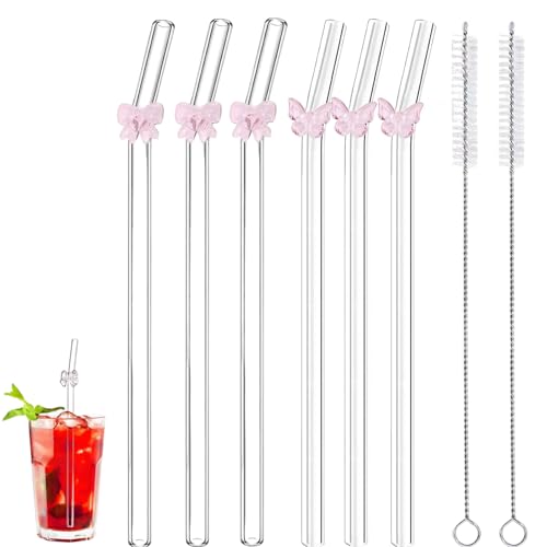 8 PCS Glass Straws with Charms Glass Straws Drinking Straw Glasses Comes with A Cute Pink Bow with A Cleaning Brush for Milkshakes Fruits Lemons Fruit Juices and Coffee