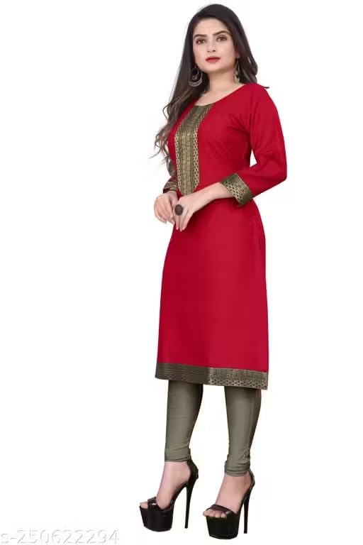 Image of Women Straight Woven Design Cotton Blend Round Neck 3 /4 Sleeve Kurti Only