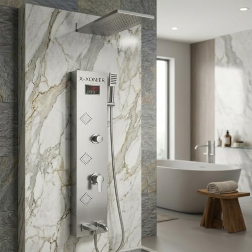 Image of X-XONIER Luxury 5in1 Thermostatic Shower panel System,front Power front jet,Large Overhead shower Handheld, Tub Spout,Hot$Cold mixture, temperature display shower set panel