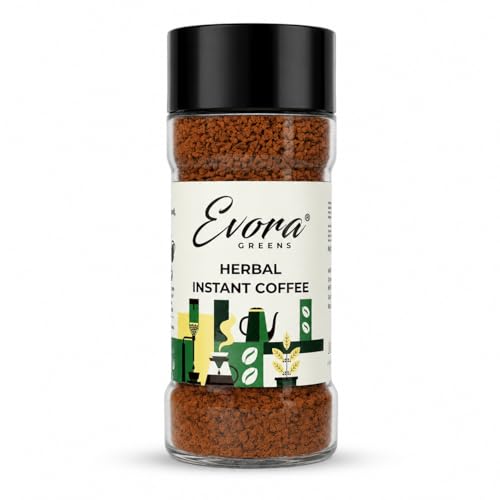 Image of Evora Greens Herbal Instant Coffee | Arabica & Robusta Blend with Functional Herbs | Smooth Strong Taste | Hot & Black Coffee | Makes ~50 Cups | 100g Glass Jar
