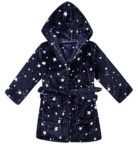 Toddler Robe for Girls Boys Bathrobes Kids Plush Soft Hooded Pajamas Sleepwear (Dark Blue Stars, 3-4T)