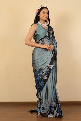 Image of MIRCHI FASHION Women Saree | Chiffon Rhinestone Embellished Floral Printed Office Sari with Blouse