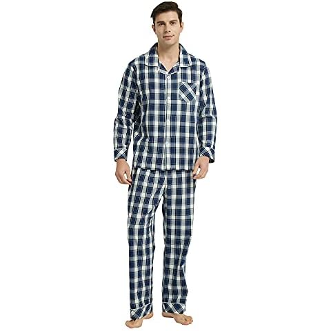 Vulcanodon Mens Cotton Pajama Set, Button Down Woven Pajama Set for Men Plaid Men's Sleepwear(Navy Plaid,L) Cover