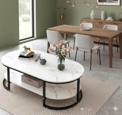 Image of Coffee Tables for Living Room Modern Coffee Table Oval Sofa Table Center Tables for Living Room 2 Tier Side Table Small Apartment Home Furniture Black Gold 2T (Black White)