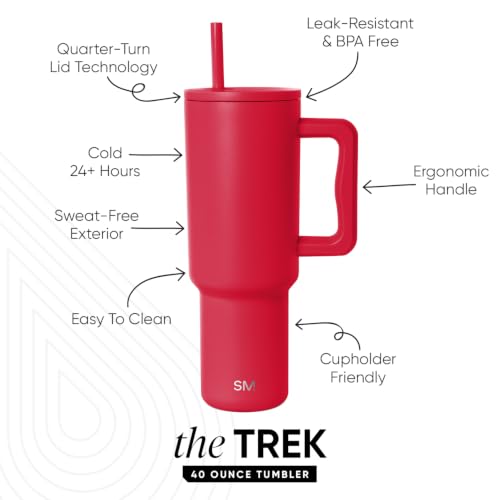 Image of Simple Modern 40 oz Trek Tumbler with Handle and Straw Lid | Cup Holder Friendly Insulated Stainless Steel Travel Mug | Ember Red