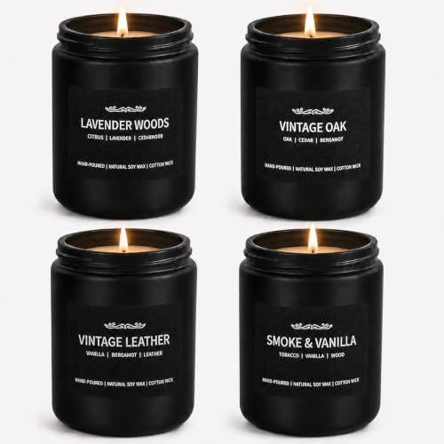Four Pack Of Scented Candles For Men With Scents Like Smoke Vanilla And Leather