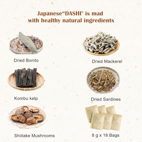 Orgnisulmte Dashi Stock (Dashi Packet, Dashi Broth), Umami dashi Soup Stock, All Natural Ingredients, No MSG, Additives Free, 100% Made in Japan 8g x 18 Packs 5.08 Oz